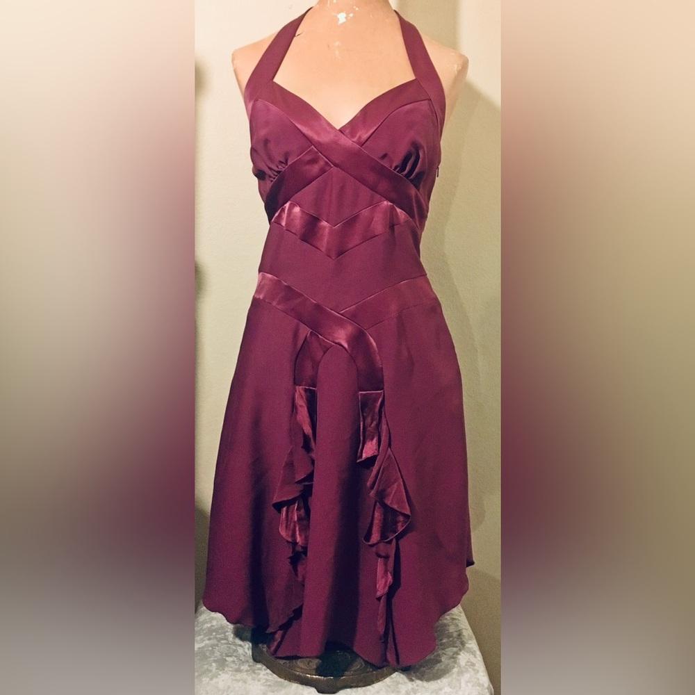 Bebe Burgundy Purple strapless fit and flare dress